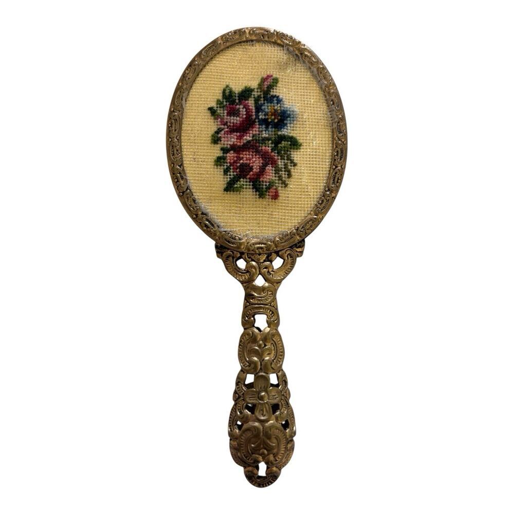 Small Floral Needlepoint Embroidery Brass Filigree Hand Mirror Oval Vintage 5”